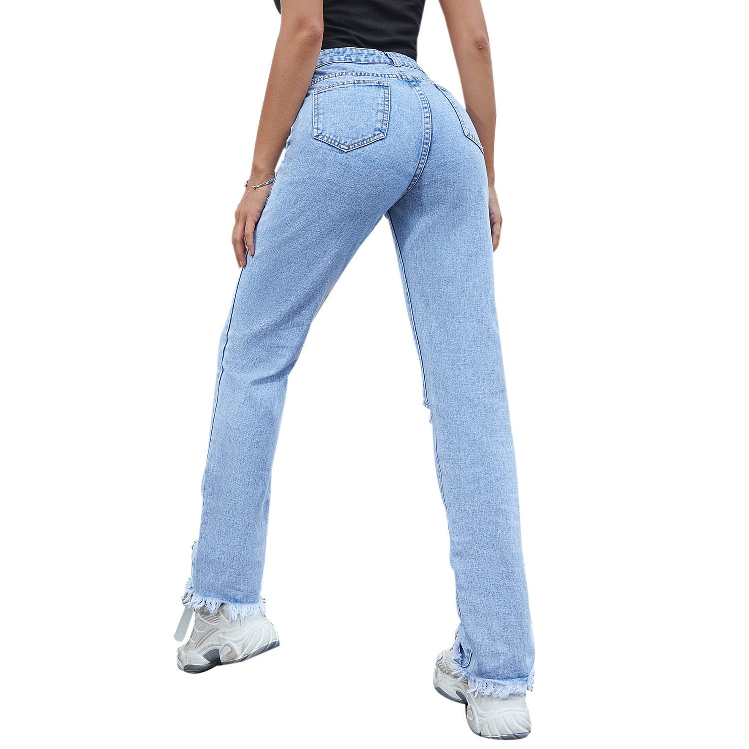 Skinny Ripped Denim Jeans for Women Light Blue Casual Style Slim Fit Trendy Design Wholesale Available
