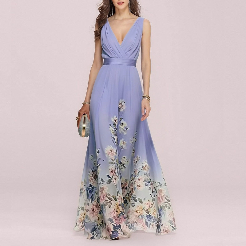 Elegant Floral V Neck Maxi Dress Summer Collection Waist Defined Comfortable Fabric Perfect for Casual or Formal