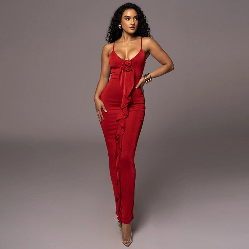 Fashionable Slim Fit Solid Color Ruffled Hem High Waist Maxi Dress for Women Elegant Sleeveless Design Perfect for