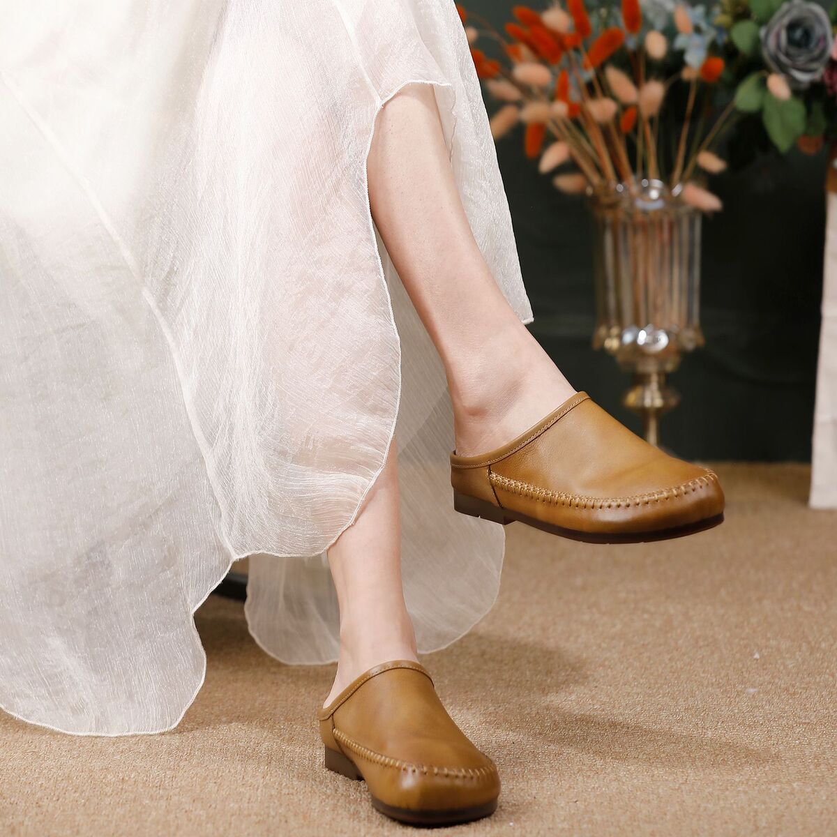 Dép mule nữ bọc mũi da bò thật đế mềm thủ công màu trơn — màu đen, Màu kaki