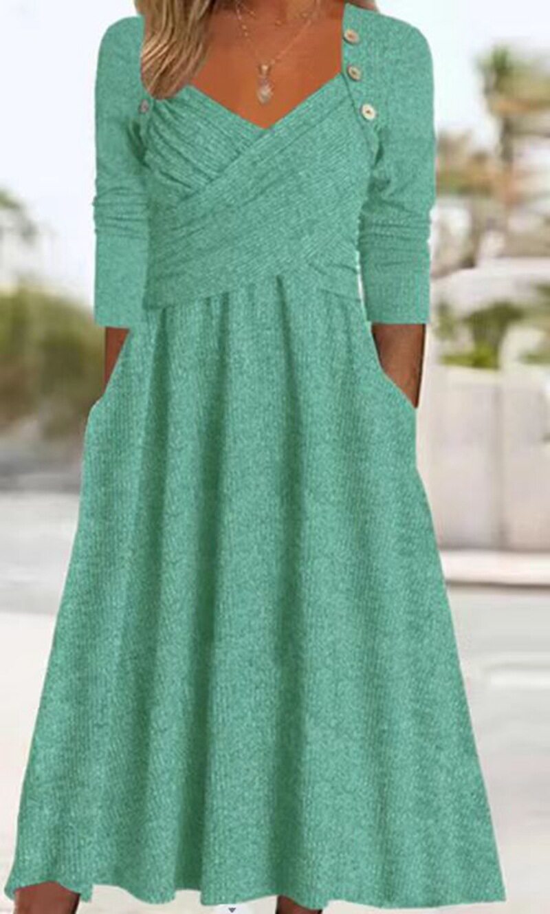 V Neck Long Sleeve Casual Dress Solid Color Autumn Winter Style Perfect for Everyday Wear Wholesale Available