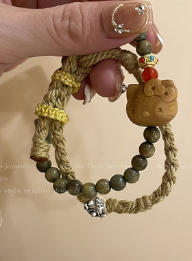 hellokitty绿檀木手串弹力松紧天然绿檀木KT猫念珠手链新中式饰品