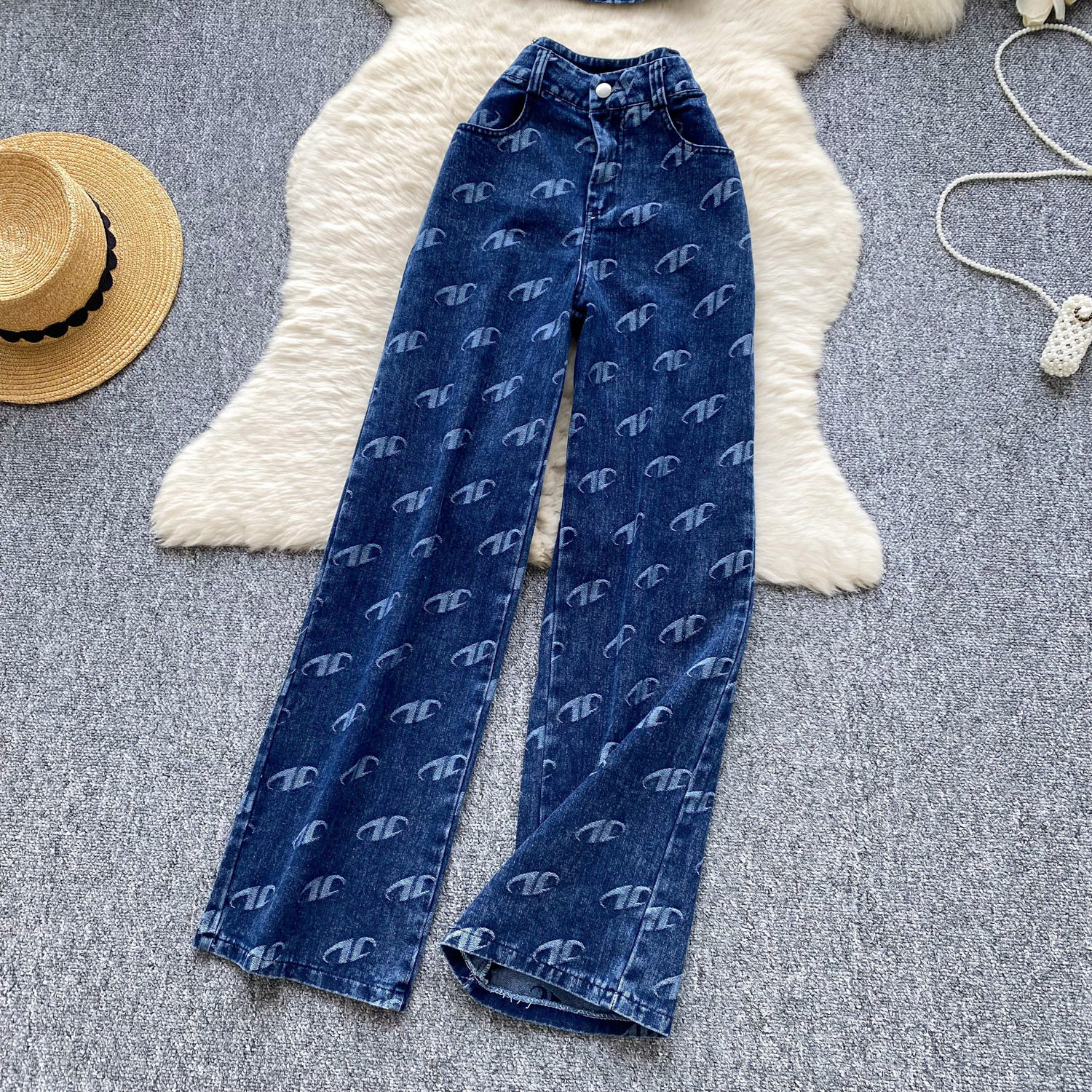 Metal Buckle Floral Print Strapless Top and High Waist Slim Fit Jeans Set for Women Summer Casual Wear Wholesale