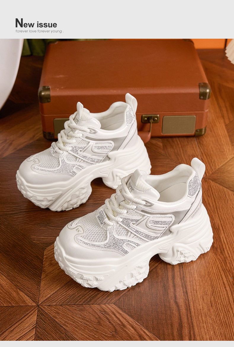 Giày sneaker nữ chunky đế dày lưới thoáng họa tiết đá quý gót 10 cm — Bạc, Trắng chi tiết 11