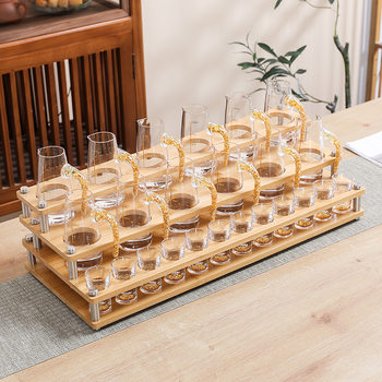 Liquor Glass Set for Home Use, Small Shot Glasses, Divider for Sharing Drinks, Glass with Gold Rim, Divider for Sharing Drinks, Comes with Bamboo Cup Holder