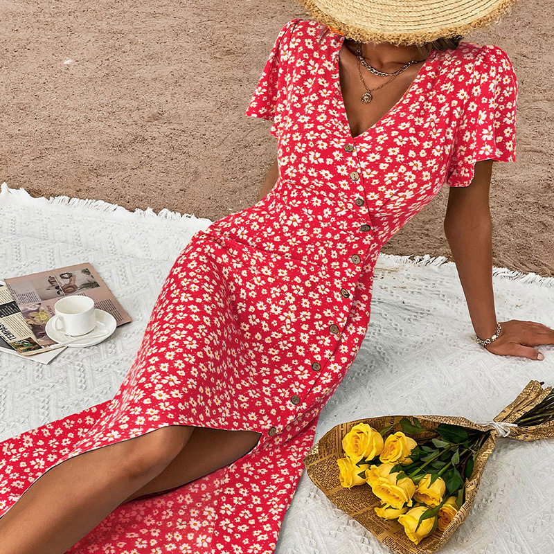 Blue Floral Print Summer Dress for Women Slim Fit Fresh Country Style Perfect for Casual Outings Wholesale Available