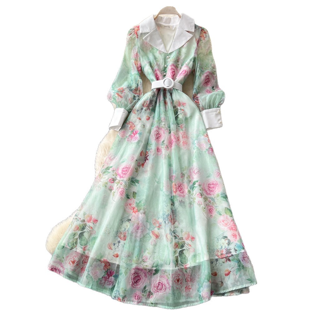 French Romantic V Neck Lantern Sleeve Floral Maxi Dress Slim Fit Waist Defining A Line Silhouette Perfect for Spring