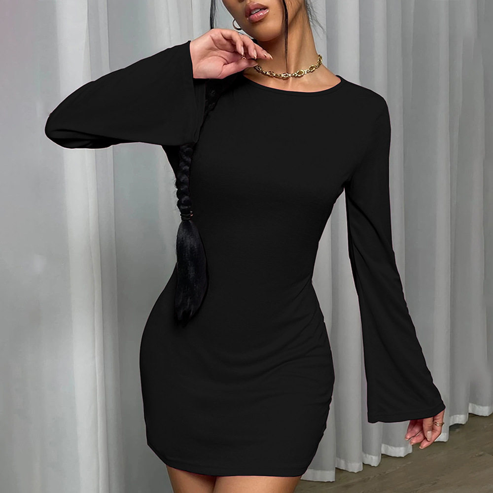 Womens Long Sleeve Bodycon Dress Sexy Backless Round Neck Flared Sleeve Perfect for Parties and Events OEM