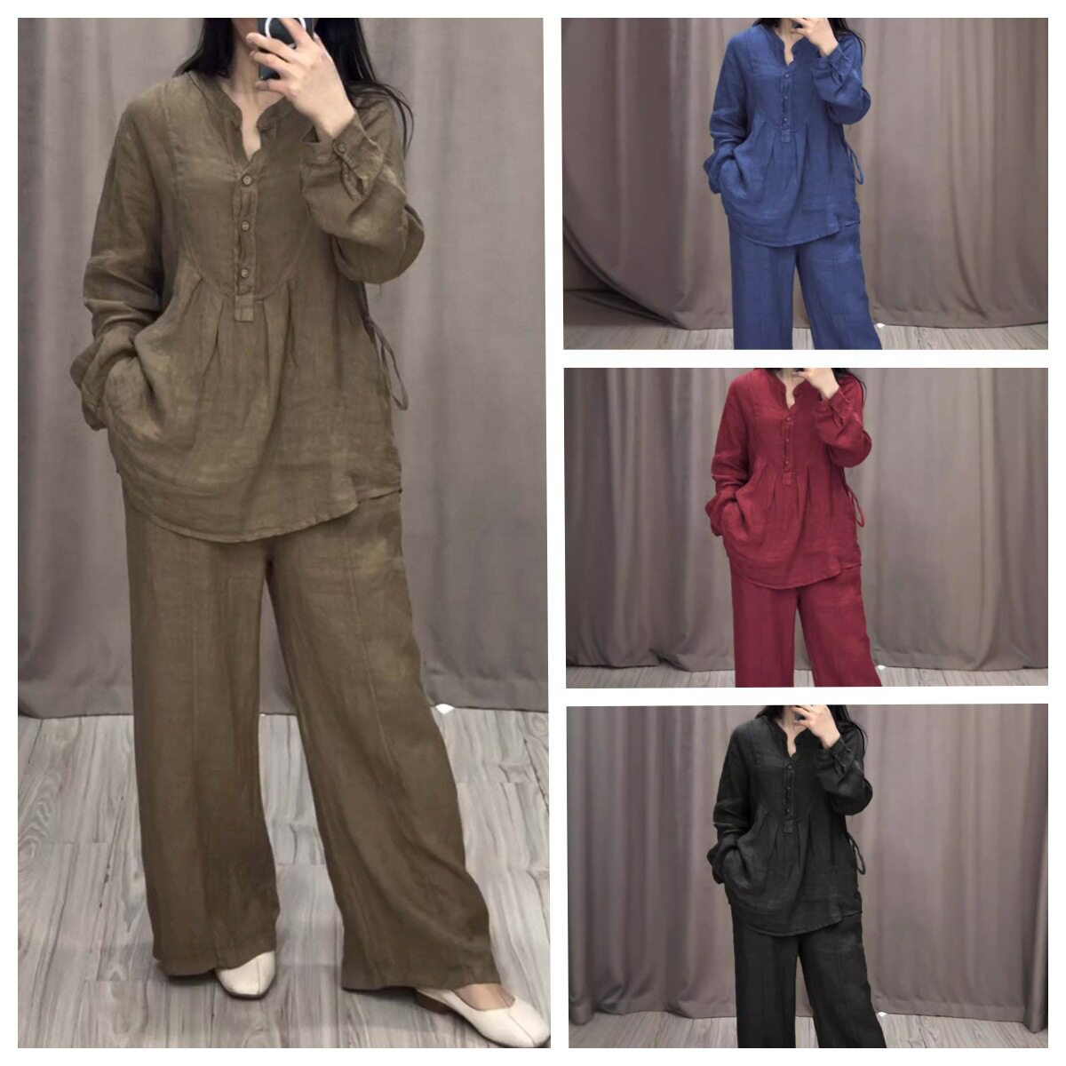 2024 Independent Station Autumn New Fashion Women's Comfortable Cotton and Linen Long-Sleeved Half-Cardigan Casual Pleated Wide-Leg Pants Suit