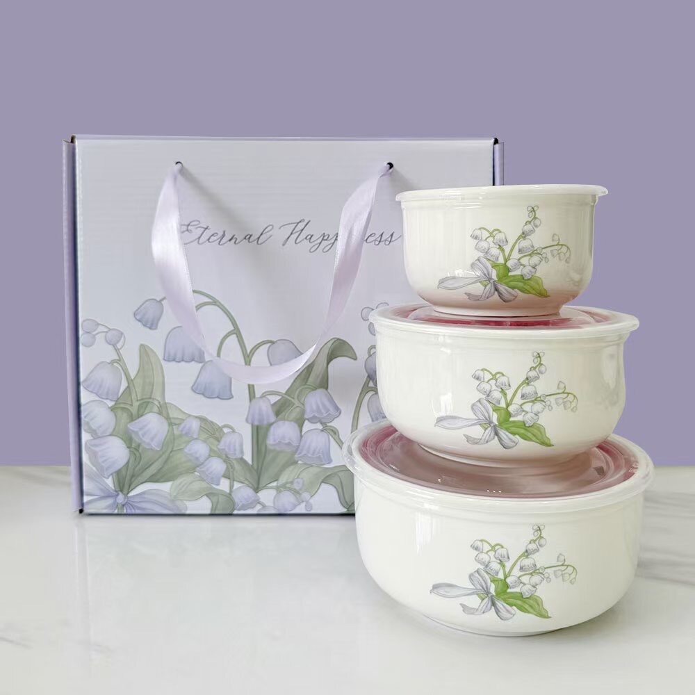 Ceramic Fresh-keeping Bowl Three-piece Set Sealed Lunch Box Creative Gift Set Bowl Opening Activities Promotional Return with Printed LOGO