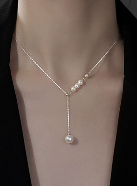 S925纯银项链女百搭新款女小众仿珍珠颈链ins风简约轻奢锁骨链