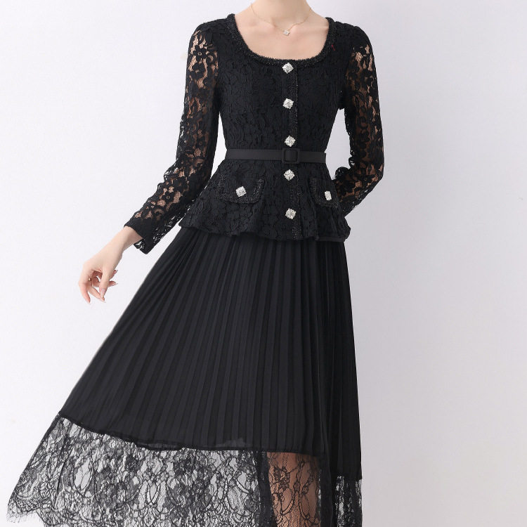Elegant A Line Dress High End Design Diamond Studded Buttons Square Neck Pleated Long Skirt Autumn Winter Fashion