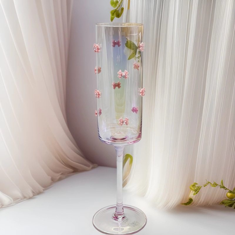 Customized Soda-Lime Glass Handmade Bow Champagne Glass C Style Hand-Pasted Bow Tall Glass