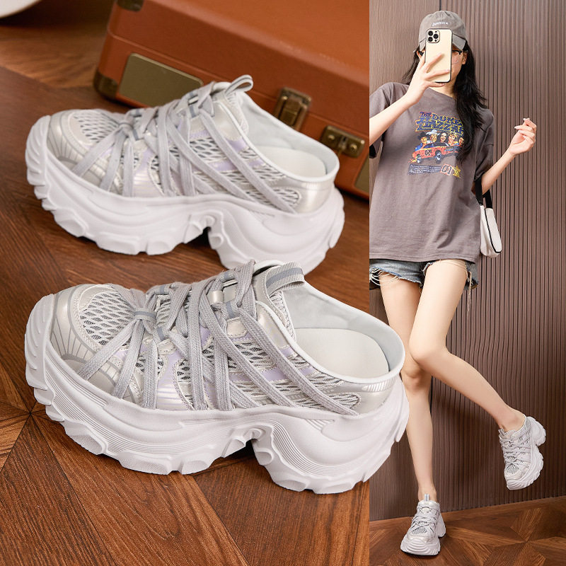 Sandal nữ cao gót hở mũi quai ngang đế dày thoáng khí — Xám, Len nguyên chất