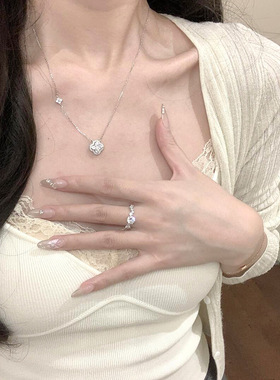 S999纯银闪钻幸运四叶草项链女轻奢小众甜美级感满钻锆石锁骨链