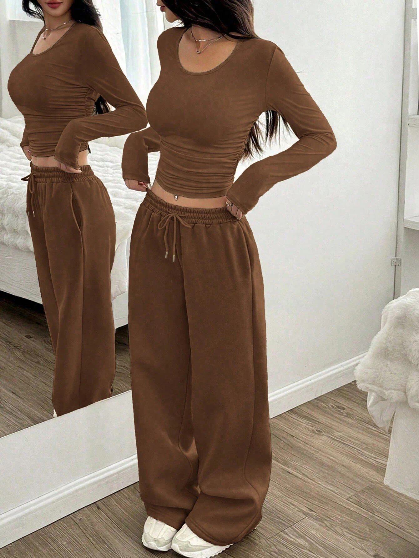 European and American Women's Clothing Cross-Border Fashion Casual Wide-Leg Pants Long-Sleeved Round Neck Solid Color Slim Two-Piece Autumn and Winter Suit