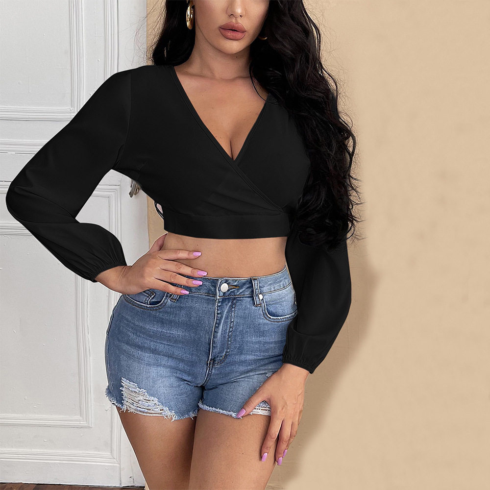 V Neck Long Sleeve T Shirt Sexy Backless Design Versatile Short Style Autumn Winter Womens Fashion Wholesale