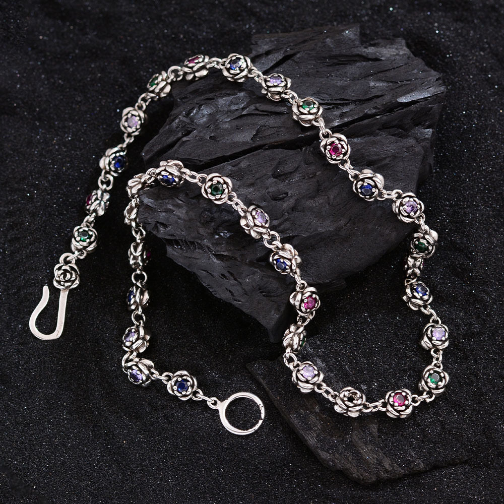 Light Luxury Rainbow Zircon Rose Necklace Women's Fashion Distinctive Niche High-end Sense Fashion Cold Style Clavicle Chain