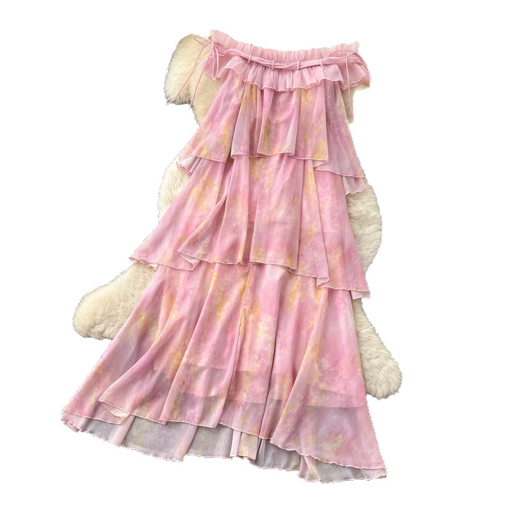 French Vacation Style Pink Ruffle Hem A Line Dress Sleeveless Off Shoulder Elegant Design Perfect for Summer Events