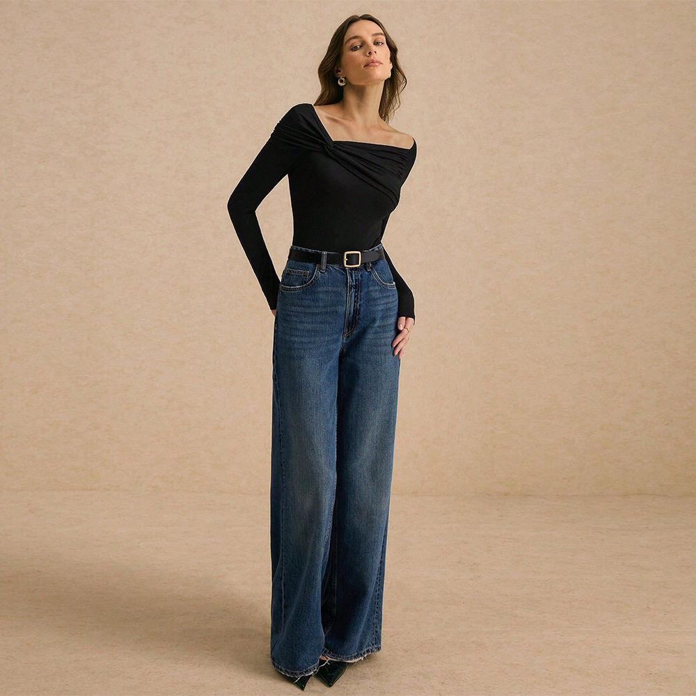 Womens Long Sleeve T Shirt Slim Fit Asymmetrical Neckline Ruffled Design Spring Fall Fashion Top Wholesale