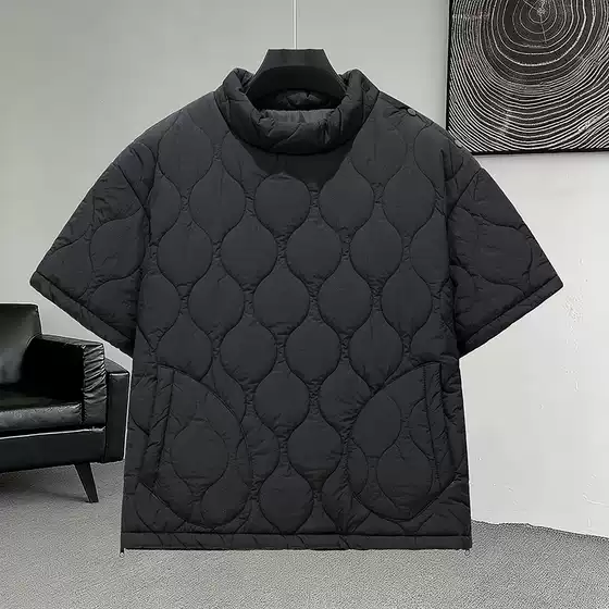 Cross-Border Japanese Retro Diamond-Patterned Half-Sleeve Trendy Cotton Jacket for Men, Autumn and Winter Lightweight Casual Workwear Cotton Coat, Warm Outerwear