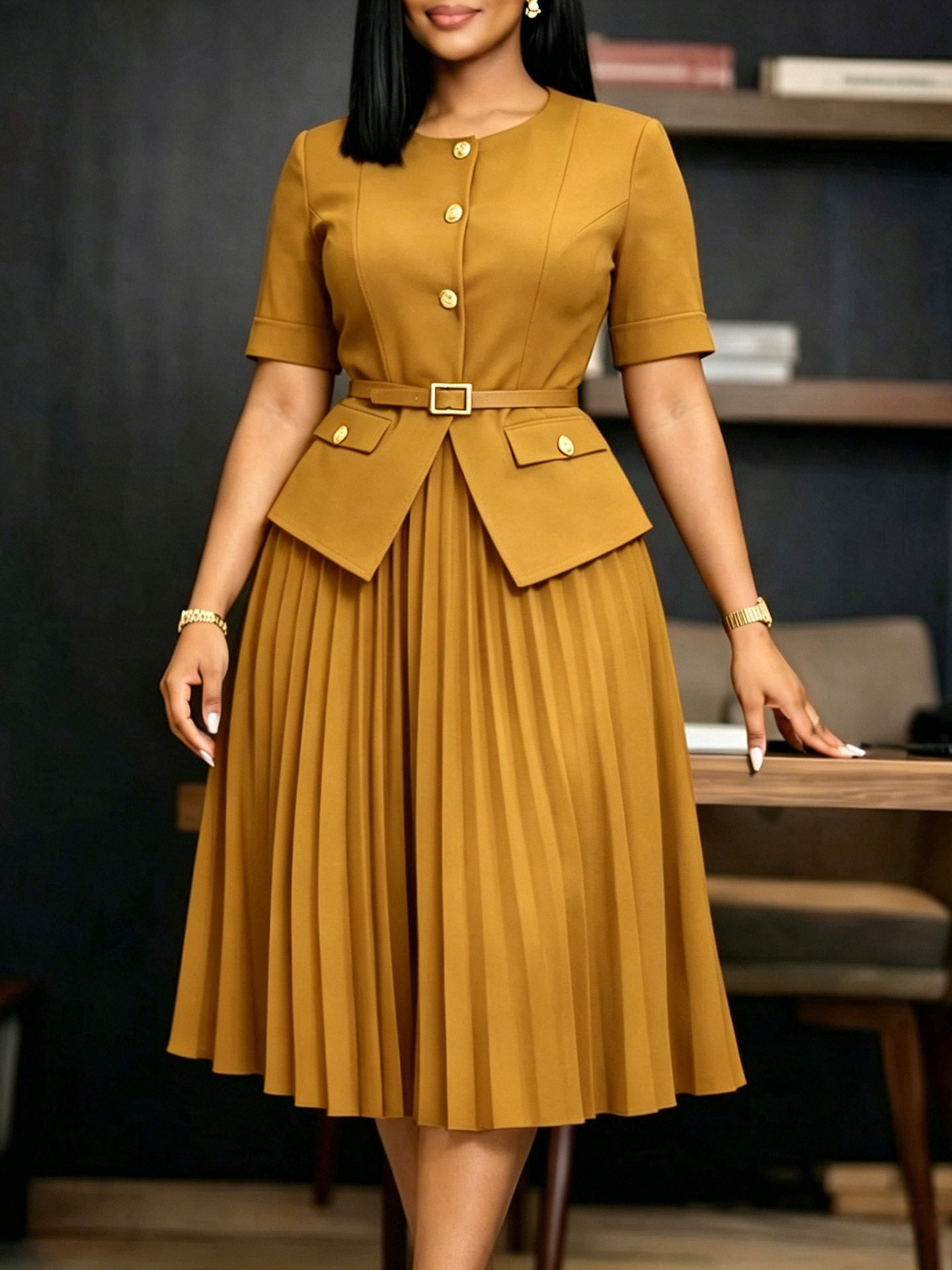 women's clothing round neck stitching pleated fake two-piece solid color large size dress