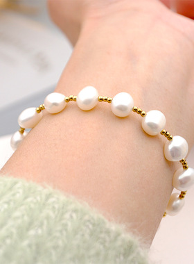 巴洛克淡水珍珠手链女花朵形OT扣ins风闺蜜姐妹手串18K真金色