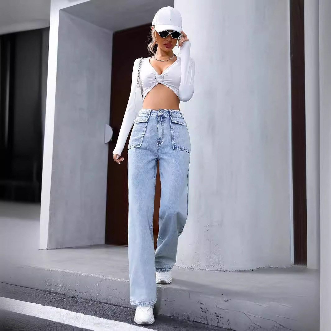 High Waisted Straight Leg Denim Pants Pocket Design Casual Style Womens Fashion Wholesale Available
