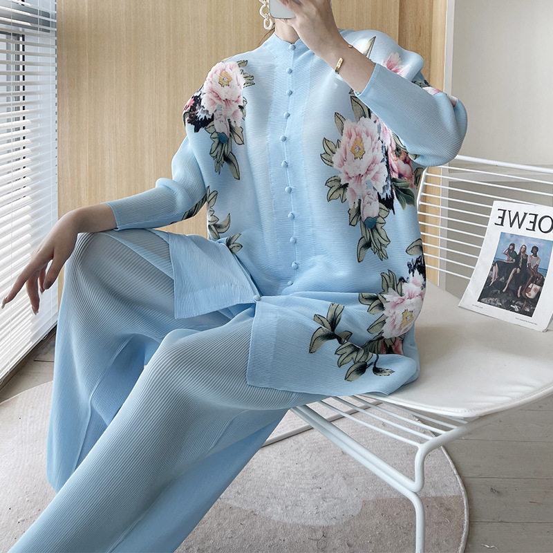 Pleated set 14-button set 2023 new Western-style large size breasted jacket + wide leg pants two-piece set slimming