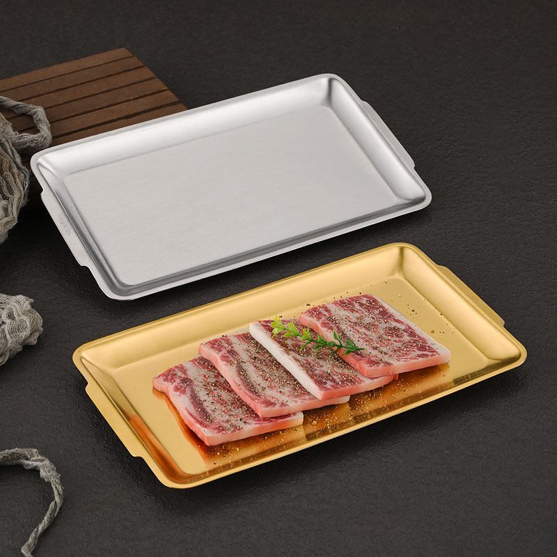 Korean-Style 304 Stainless Steel Rectangular Tray Thickened Commercial Gold Barbecue Plate Grill Plate Flat Dish Plate