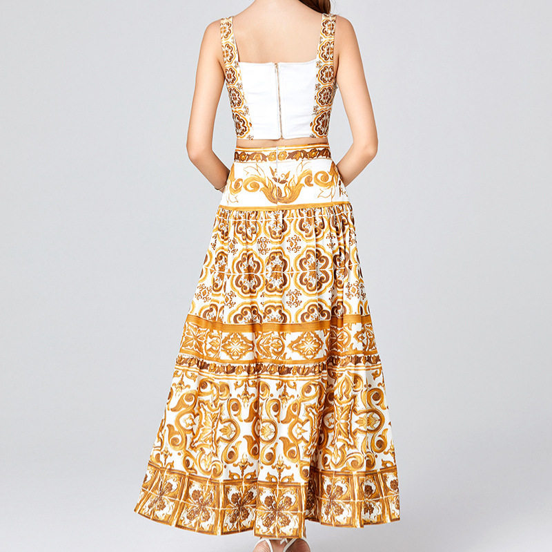 Floral Print Two Piece Set Sleeveless Crop Top High Waisted Midi Skirt Summer Casual Wear Wholesale Available