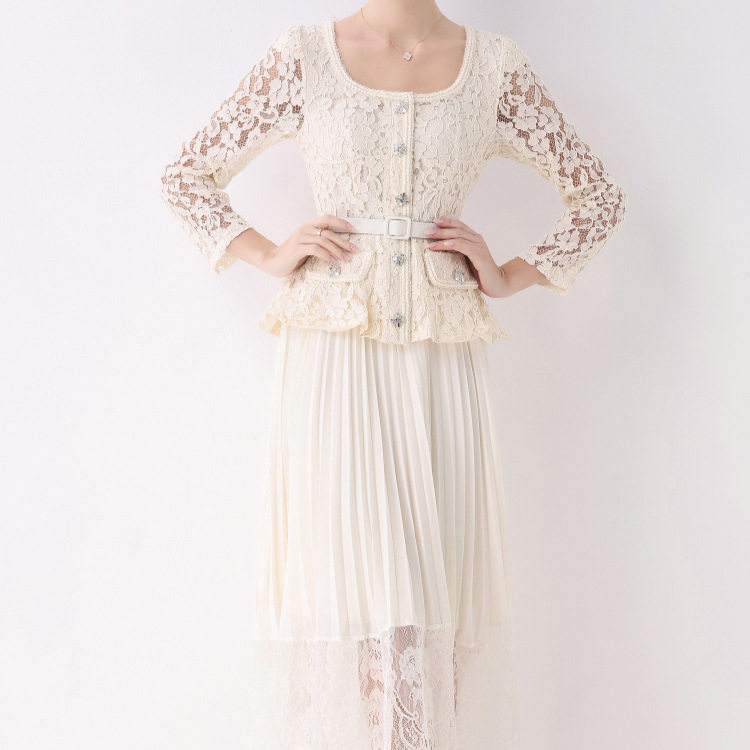 Elegant A Line Dress High End Design Diamond Studded Buttons Square Neck Pleated Long Skirt Autumn Winter Fashion
