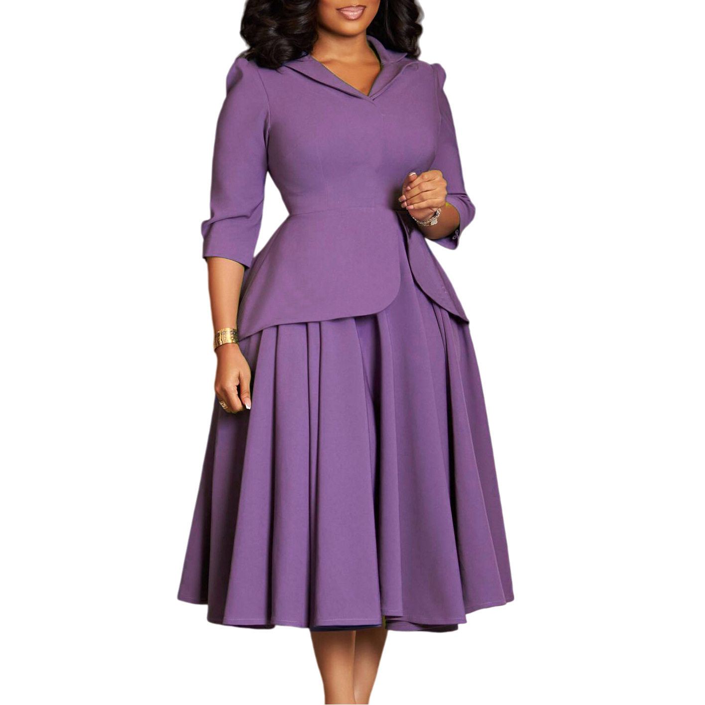 Plus Size Womens Dress Autumn Fashion Solid Color Three Quarter Sleeve Suit Collar Flared Skirt Casual or Formal