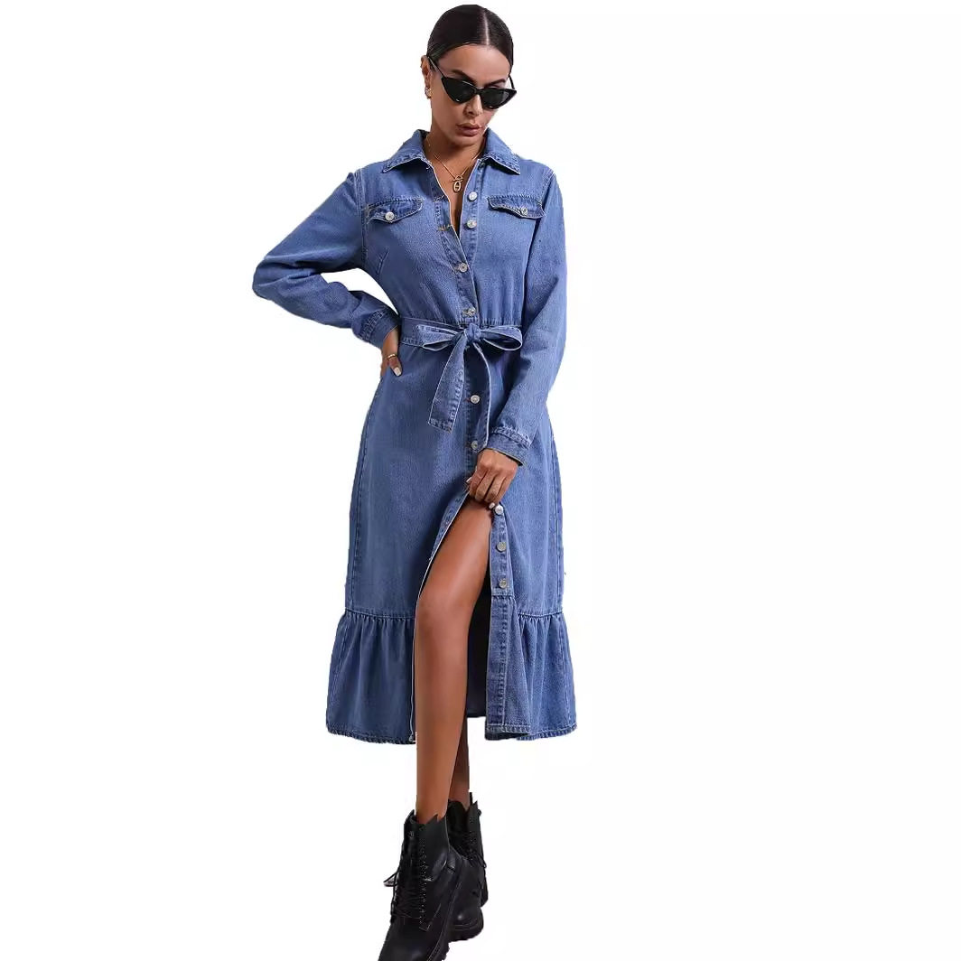 Vintage Denim Long Sleeve Dress for Women Slim Fit Waist Defining Casual Style Perfect for Spring and Summer