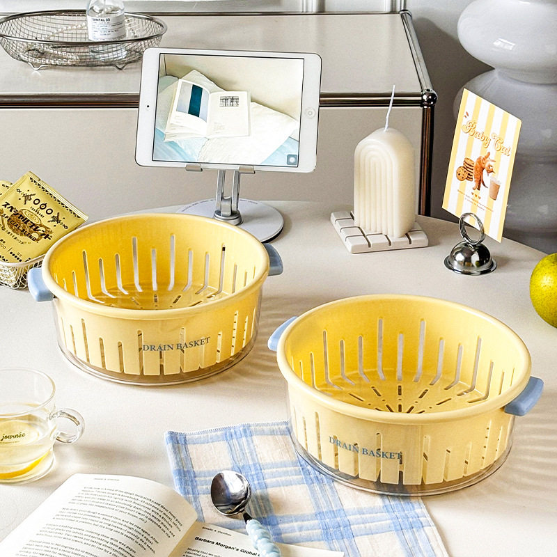 Double-Layer Vegetable Washing Basin Drain Basket Cute New Fruit Plate Home Living Room Coffee Table Fruit Basket Kitchen Washing Fruit Vegetable Basket