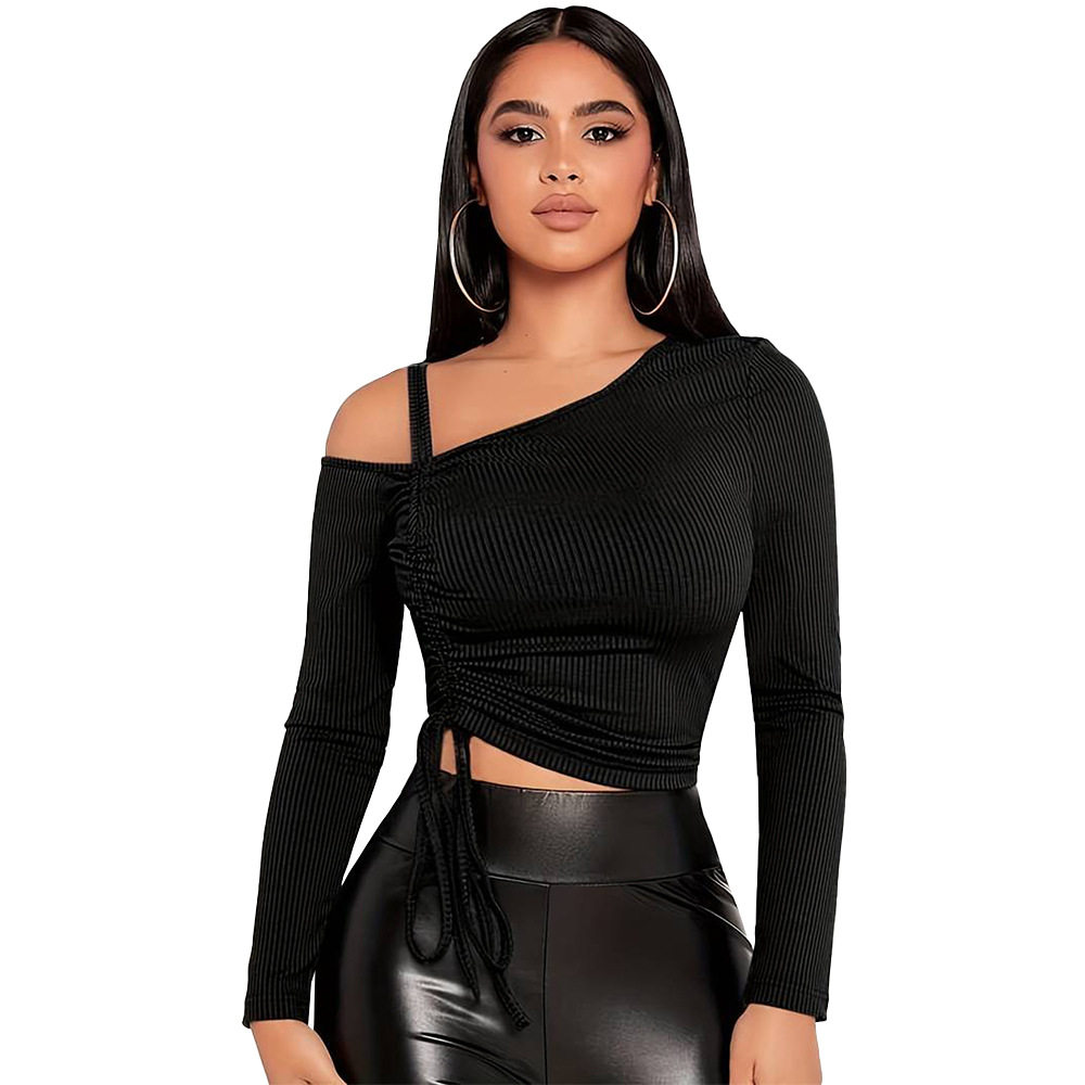 Womens Trendy Spring Summer T Shirt Off Shoulder Slim Fit Solid Color Asymmetrical Neckline Casual Wear