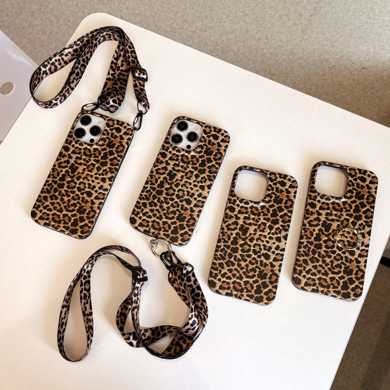 Cross-Border Trade Retro European and American Leopard Print Suitable for Apple 17 Phone Case iPhone 16 Pro Max Lanyard Ring