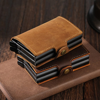 Double-layer Aluminum Case Card Holder Automatic Floppy Card Holder Crazy Horse Leather Men's Pop-up Bank Card Bag Cross-border