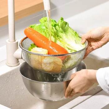 Cross-border Stainless Steel Thickened Vegetable Washing Basin Draining Basket Household Kitchen Rice Washing Artifact Vegetable Washing Basin Rice Washing Sieve Rice Washing Basin