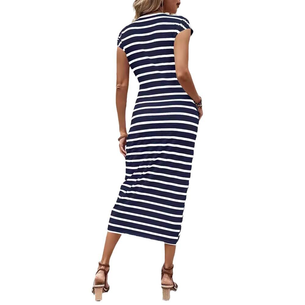 Elegant Striped Maxi Dress Waist Tie Round Neck Short Sleeve Summer Fashion for Women Wholesale Available