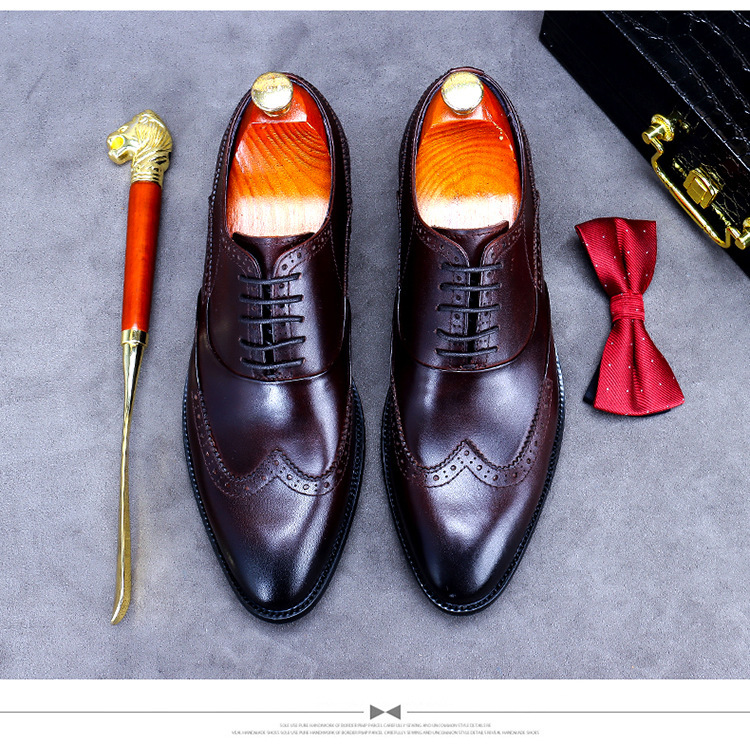 Giày da nam derby mũi tròn chạm khắc brogue cổ thấp buộc dây — Màu nâu, Màu đen, Màu đỏ rượu, Màu cà phê