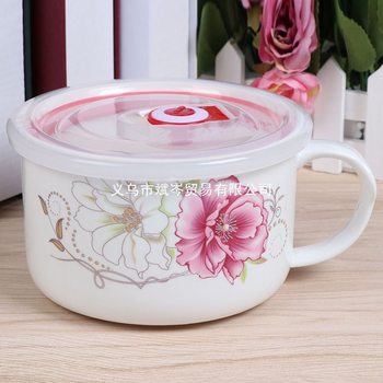 Household Microwaveable Ceramic Sealed Fresh-Keeping Bowl with Lid, Student Breakfast Cup Lunch Box with Handle, Instant Noodle Cup