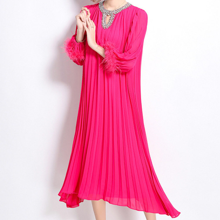French Style Rhinestone Embellished Long Sleeve Dress Pleated Design Loose Fit Waist Tie Elegant Evening Wear