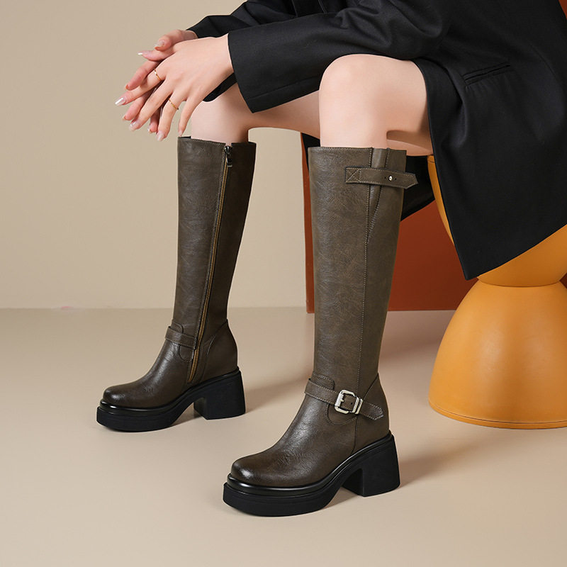Boot Nữ Cổ Cao Đế Dày Da Thật Chiều Cao Đế Khoảng 6cm Màu Đen, Xanh Rêu