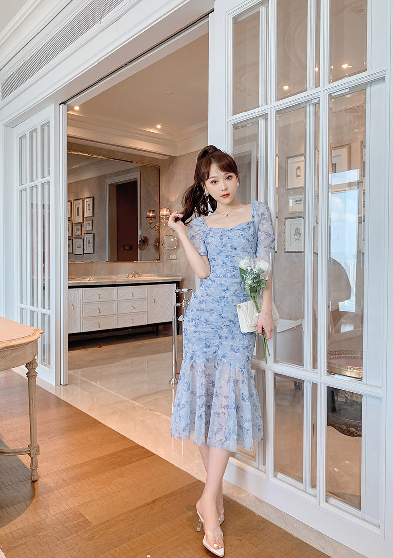Đầm maxi nữ thắt eo cổ vuông họa tiết hoa tay bồng — [Xanh nhạt] chi tiết 10