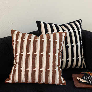 French Mid-Century Style Black and White Brown Simple Modern Geometric Three-Dimensional Embroidered Pillow Living Room Sofa Cushion Bedside Cushion