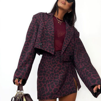 Cross-border Hot Leopard Print Dress Set Women's Lapel Long Sleeve Short Small Suit High Waist Split Skirt Two-piece Set