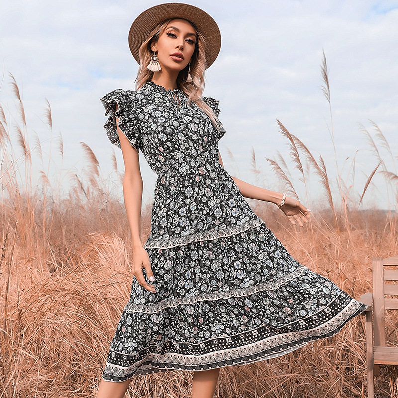 Vintage Floral Ruffle Hem Dress Slim Fit Bohemian Style Summer Wear Available for Wholesale OEM ODM service