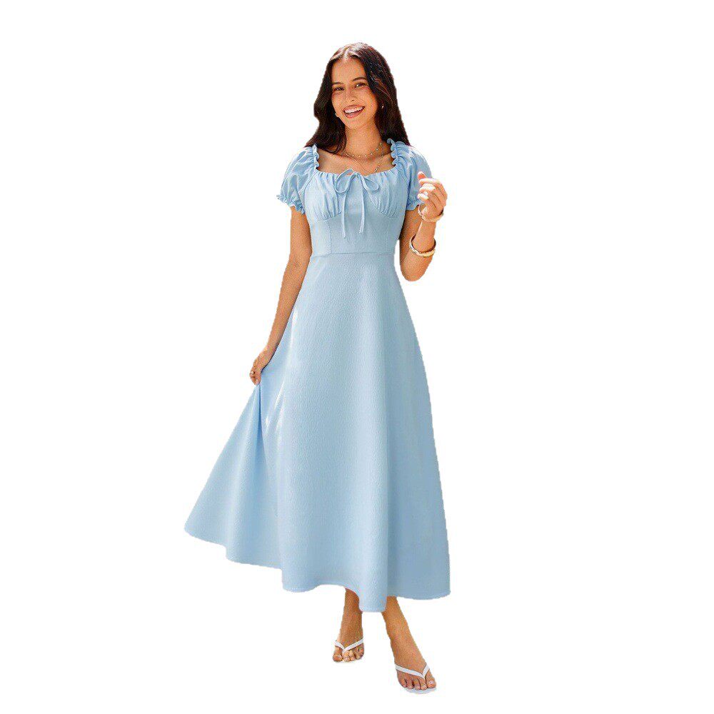 Womens Elegant Solid Color Midi Dress Square Neck Tie Waist A Line Silhouette Summer Casual Wear Wholesale