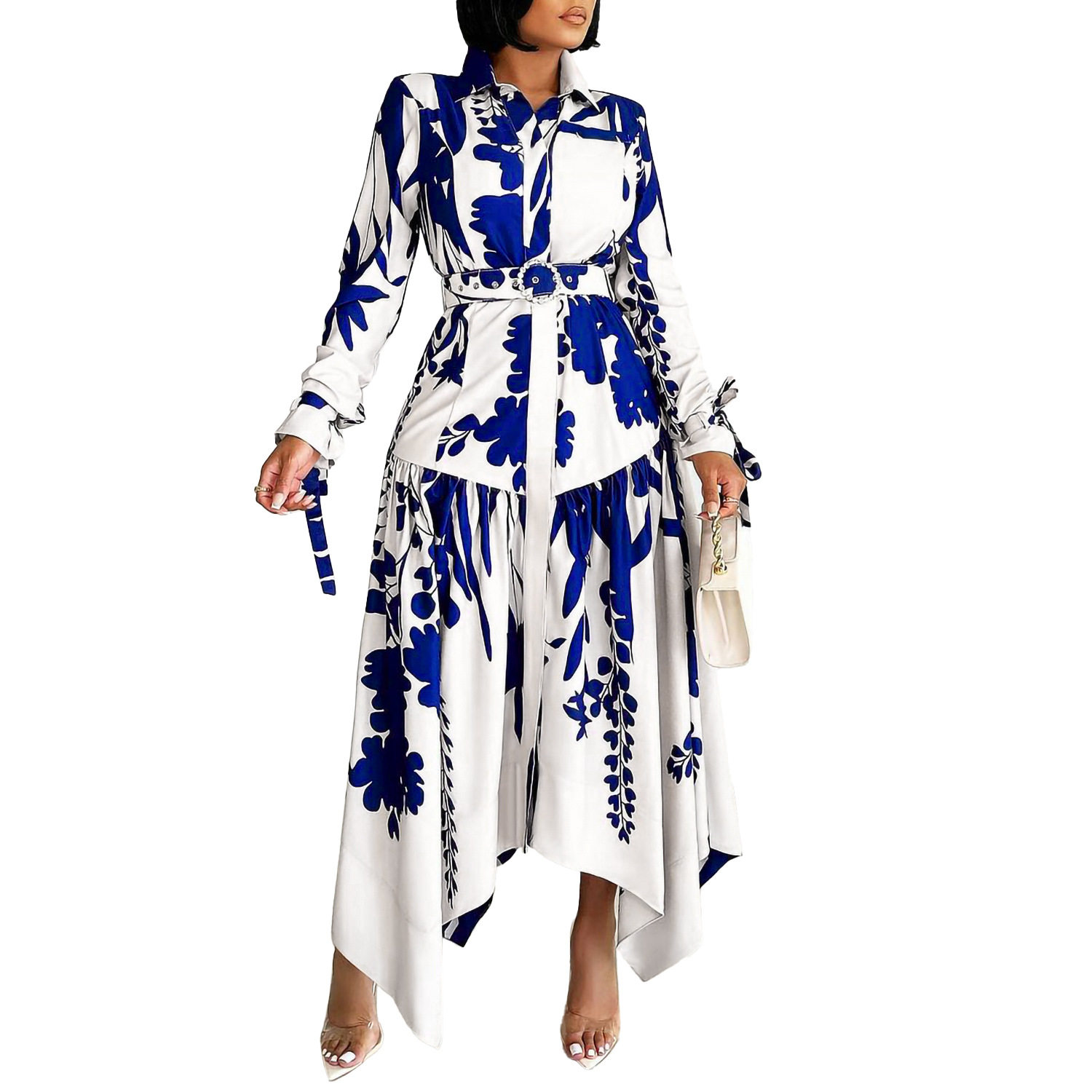 Plus Size Womens Dress Elegant Floral Print Irregular Hem Lapel Collar Casual or Formal Occasions Wholesale
